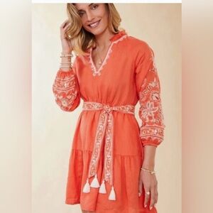 Spartina 449 Embroidered V-Neck Belted Mini Dress - Coral